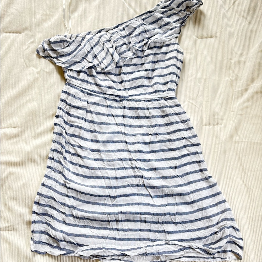 Old Navy Blue and White Striped One Shoulder Ruffle Dress- Size M - Picture 4 of 6